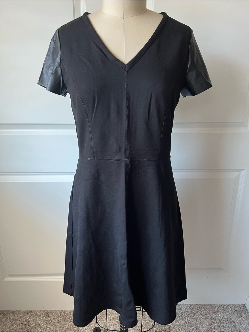 NWT Black V-Neck Short Sleeve Dress with Faux Leather Sleeves